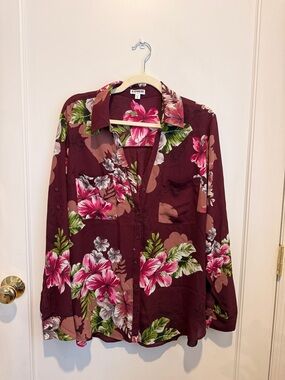 Express Maroon Floral Button-Down Shirt with Pink & Green Accents